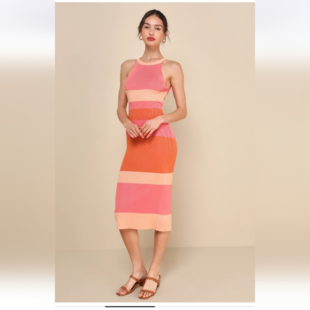 Lulus Orange Striped Tie-Back Sleeveless Sweater Dress Size XL